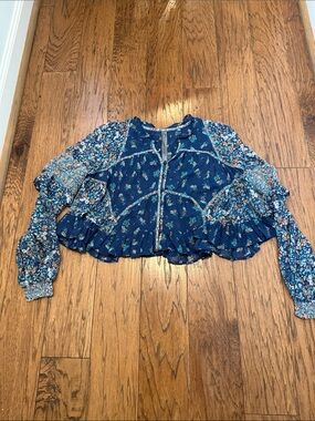 By Anthropologie Women’s Floral Ruffle Peasant Blouse - Navy, XSmall